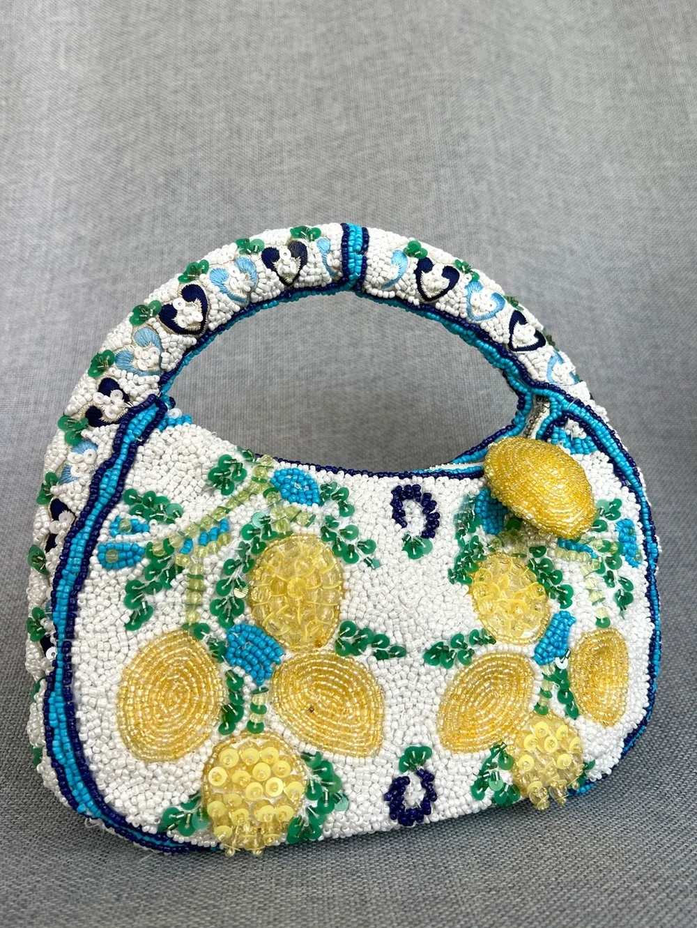 Handmade beaded Sicily motif lemons mini hobo handbag cream yellow blue